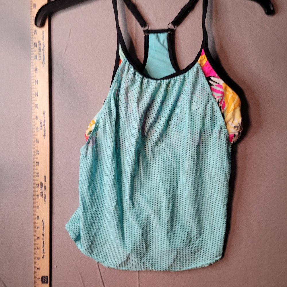 ZX Sport Womens XL Tankini Swim Top Mesh Overlay Tropical Palm Print Turquoise